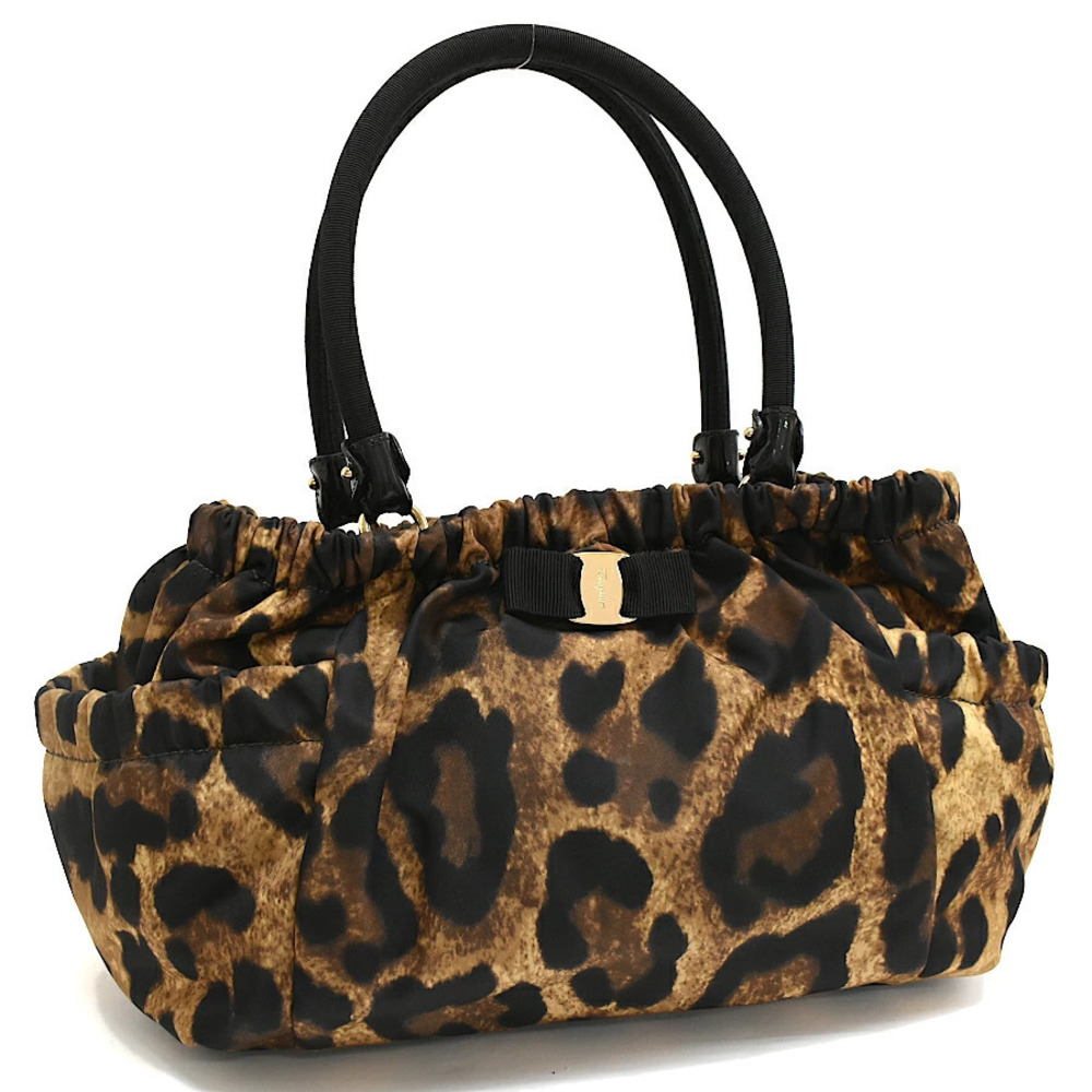 Salvatore Ferragamo Vara Ribbon Shoulder Bag Leopard Leather Brown Black